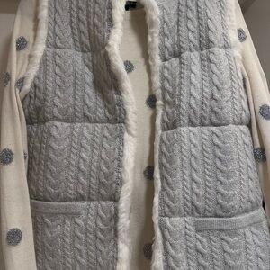 Talbots Silver Cable Knit Cardigan with Faux Fur Trim